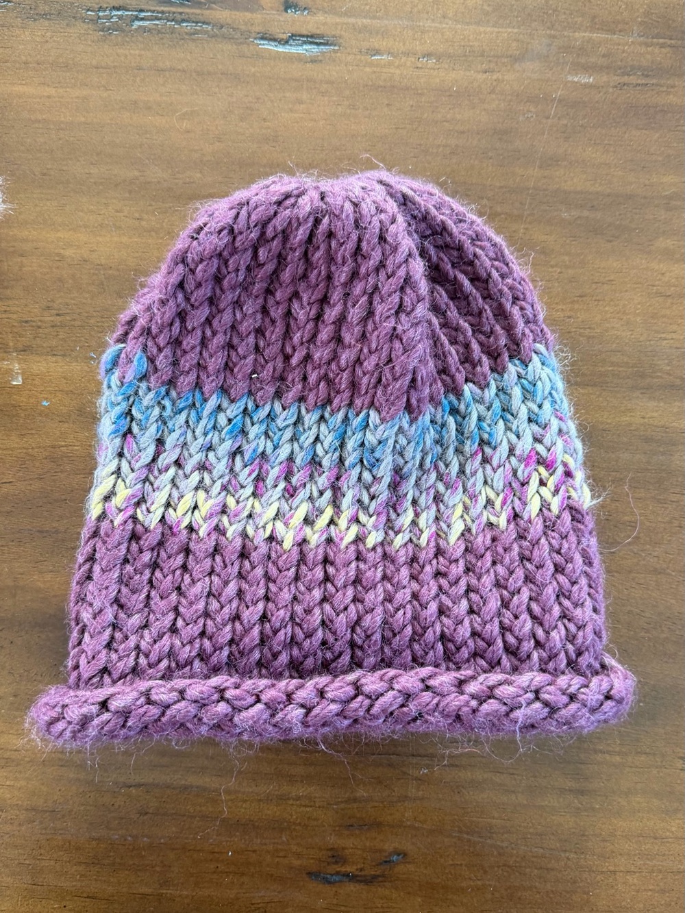 Cozy Knit Beanie - Purple with Multicolor Stripe